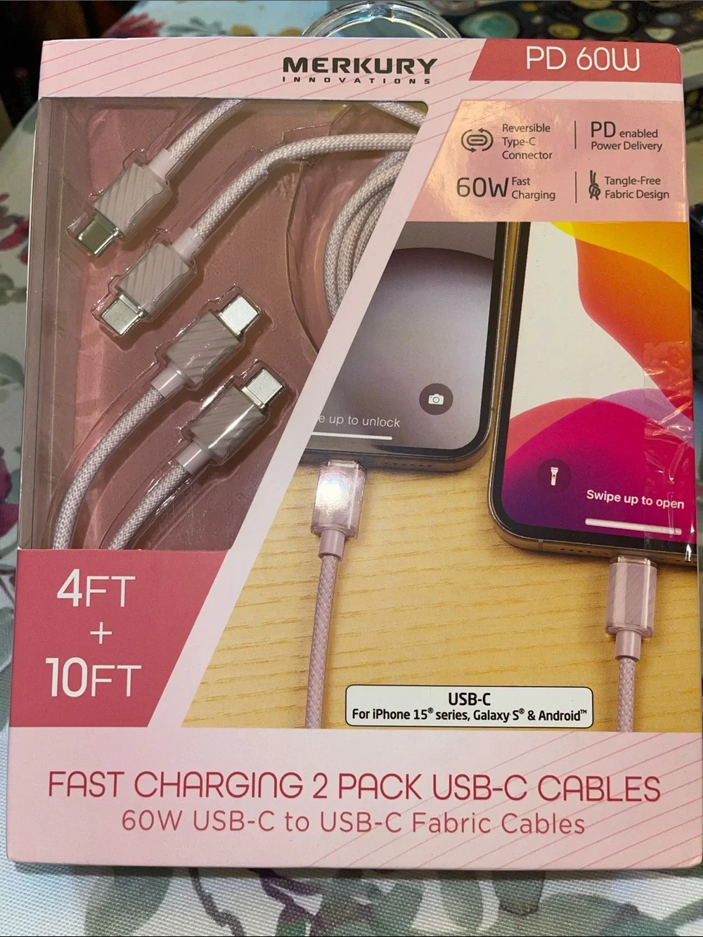 Merkury Fast Charging USB-C Cable 2-Pack — Pink (4ft + 10ft)